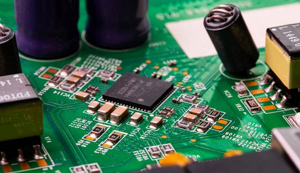 Macro Close Components Microchips Circuit Board Modem Router — Stock Photo, Image