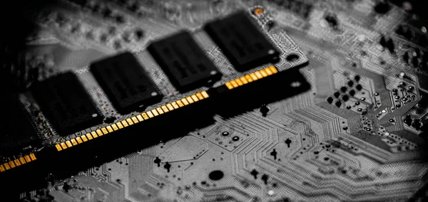 Macro Close up of computer RAM chip; random access memory chip slot for PC motherboard