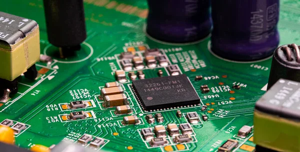 Macro Close Componentes Microchips Placa Circuito Roteador Modem — Fotografia de Stock