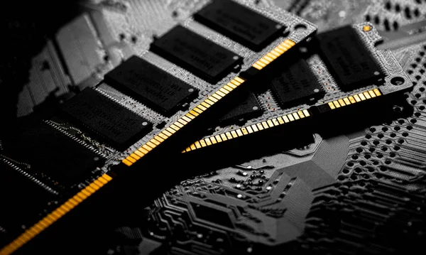 Macro Fechar Chip Memória Ram Computador Slot Memória Acesso Aleatório — Fotografia de Stock