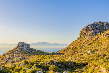 Cape Town, Güney Afrika 'daki Fynbos Flora ile sahil dağ manzarası