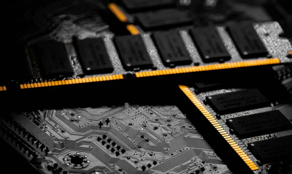 Macro Fechar Chip Memória Ram Computador Slot Memória Acesso Aleatório — Fotografia de Stock