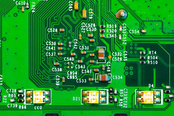 Macro Gros Plan Des Composants Des Micropuces Sur Carte Circuit — Photo