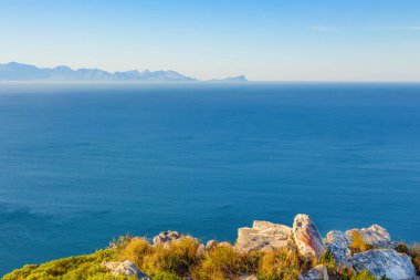 Cape Town, Güney Afrika 'daki Fynbos Flora ile sahil dağ manzarası
