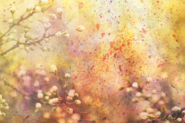 Obra de arte com ramos floridos e respingos de aquarela — Fotografia de Stock