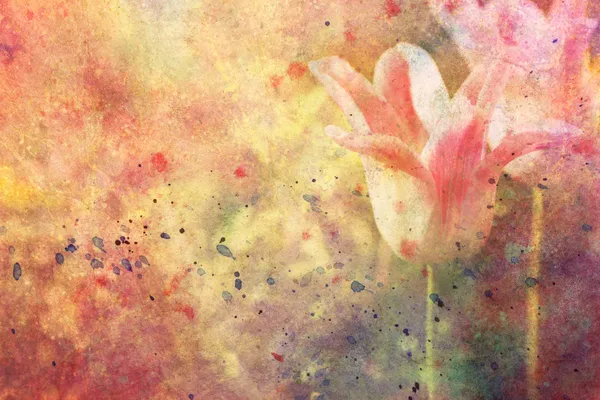 Obra de arte com tulipas e respingos de aquarela — Fotografia de Stock