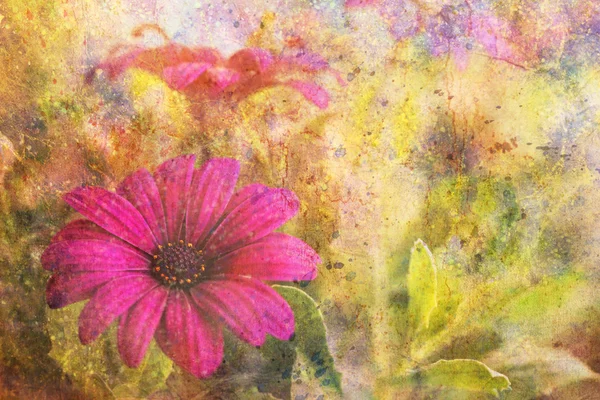 Grunge artwork with purple flower and colorful watercolor strokes — Stock Photo, Image