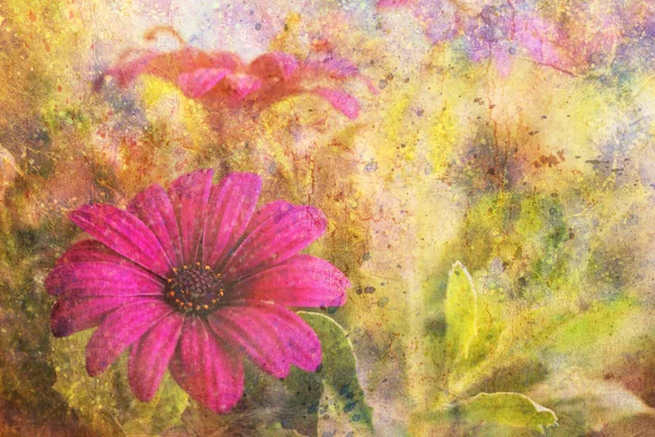 Opera d'arte Grunge con fiore viola e tratti di acquerello colorati — Foto Stock