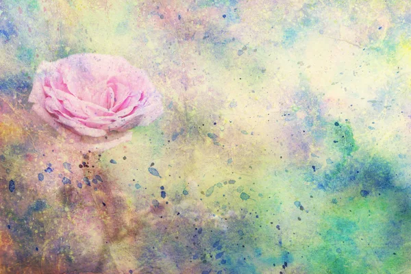Kunstwerk mit rosa Rose und buntem Aquarell-Splatter — Stockfoto