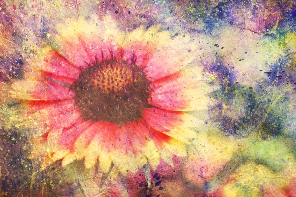 Artwork with beautiful red and yellow flower and colorful watercolor splatter — Stock Photo, Image