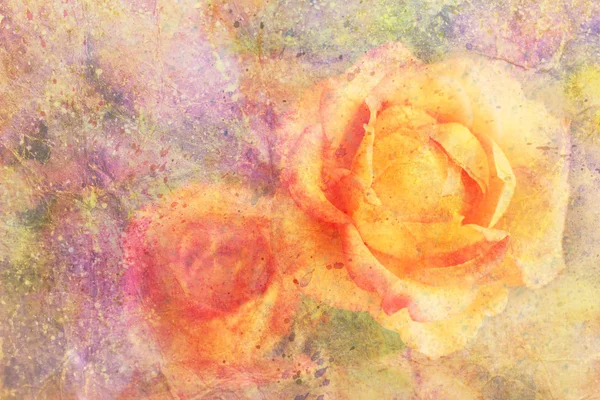 Obra de arte com rosa amarela e respingos de aquarela — Fotografia de Stock