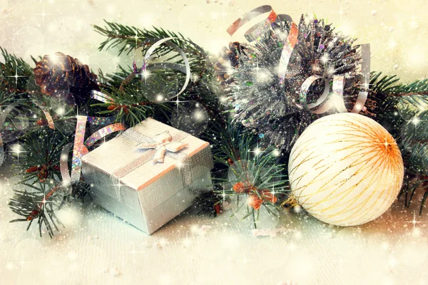 Shiny silver gift box and christmas ball — Stock Photo, Image