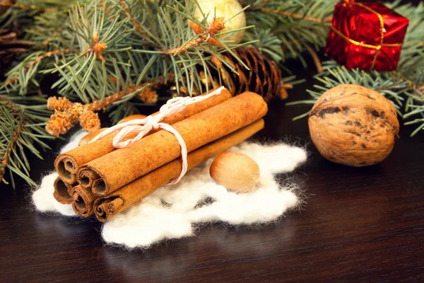 Cinnamon sticks on a knitted napkin — Stock Photo, Image