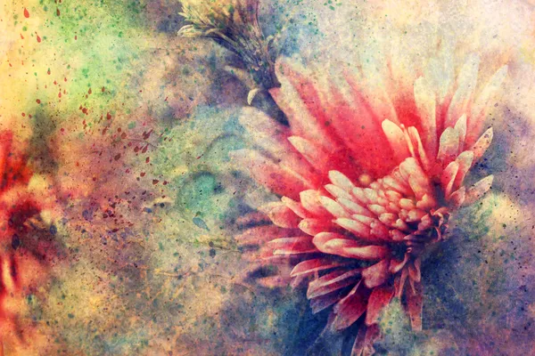 Grunge arte com flores e respingos de aquarela — Fotografia de Stock