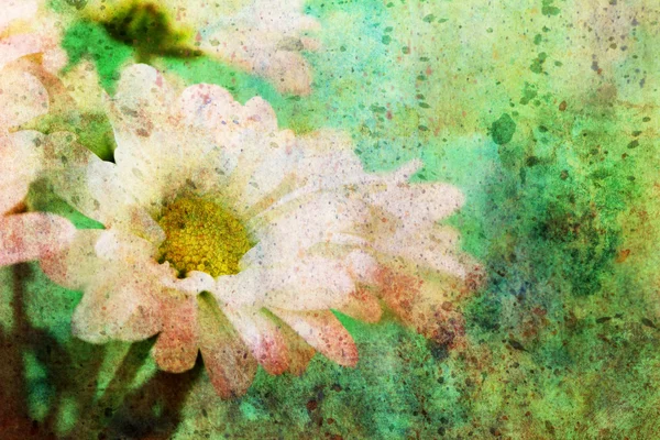 Grunge arte com flores de camomila e respingos de aquarela — Fotografia de Stock