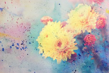 güzel sarı aster çiçek ve suluboya sıçramalarına resimle