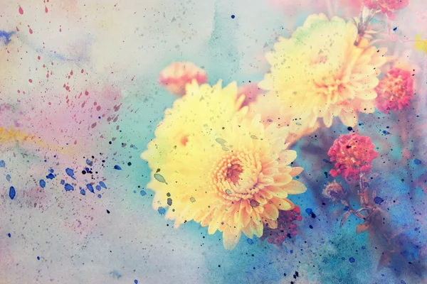 Kresba s krásnou žlutou aster květiny a akvarel šplouchá — Stock fotografie