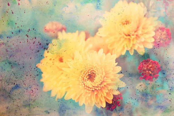 Scenic artwork with beautiful aster flowers and watercolor splatter — Stock Photo, Image