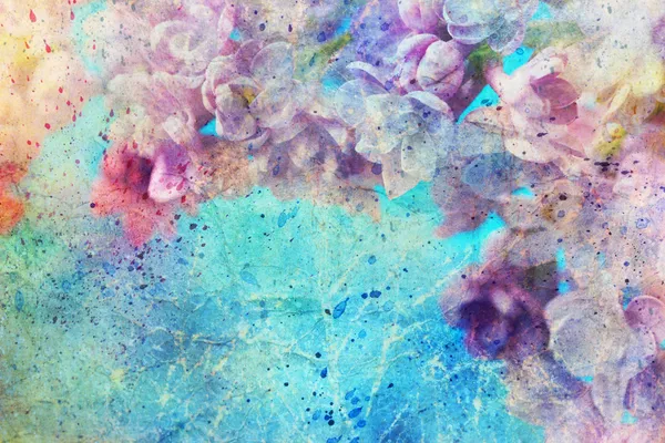 Watercolor splatter and beautiful lilac flowers — Stock Photo, Image