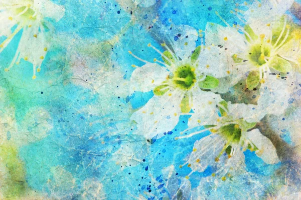 Messy watercolor splatter and blooming spring twig — Stock Photo, Image