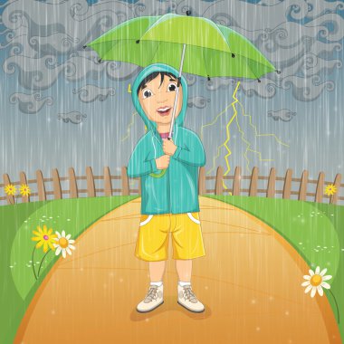 vektör çizim bir çocuk yağmurluk daimi yağmur şemsiyesi altında