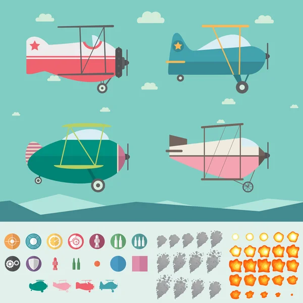 Activo de juego de avión (cuatro aviones, fondo, iconos, humo y fuego ) — Vector de stock