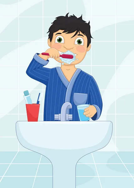 Chłopiec szczotkowanie zębów ilustracji wektorowych — Wektor stockowy