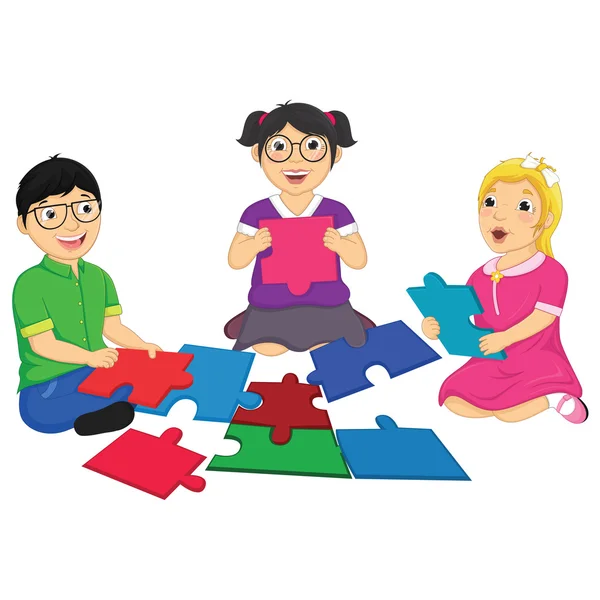 Niños jugando Puzzle Vector Ilustración — Vector de stock