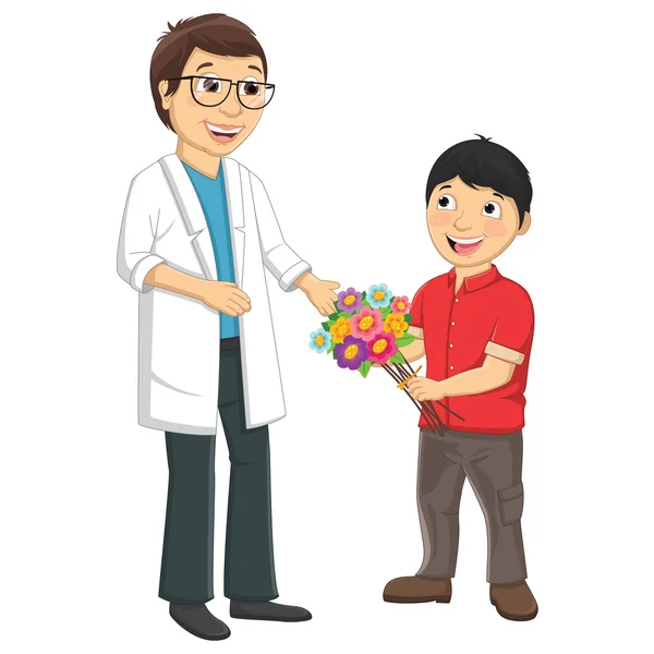 Kid Give Flower To Teacher Vector Illustration — Stock Vector