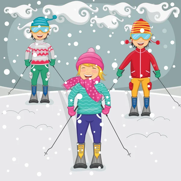 Vector Illustration Of Kids Skiing — Stock Vector