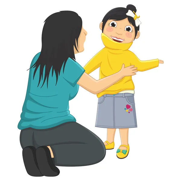 Ilustración vectorial de mamá ayudando a su hija a usar su ropa — Vector de stock