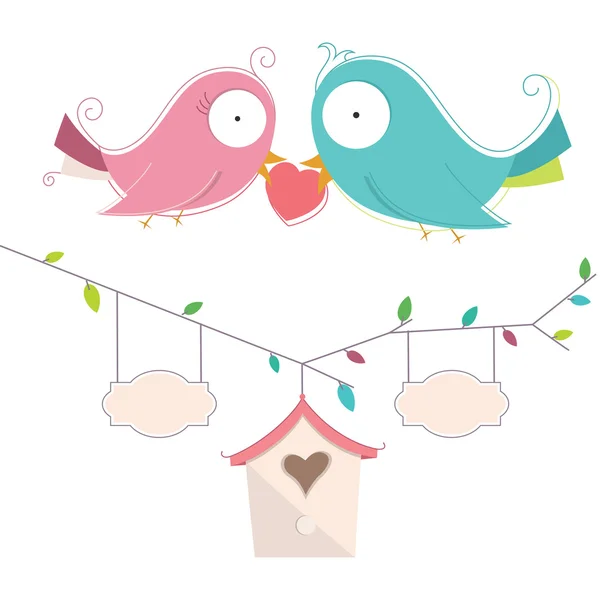 Illustration vectorielle de deux oiseaux mignons en amour carte de mariage — Image vectorielle