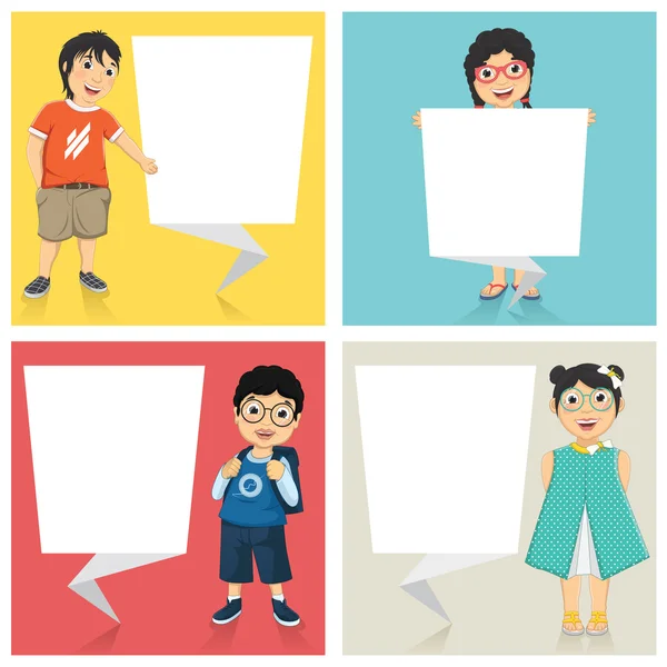 Vector Illustration Of Cute Children With Flat Origami Banners - Stok Vektor