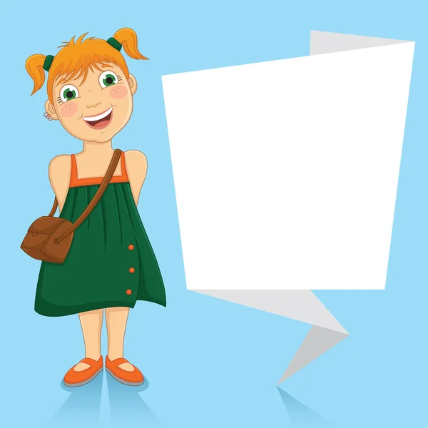 一个小女孩，白色的折纸横幅向量插图 — 图库矢量图片