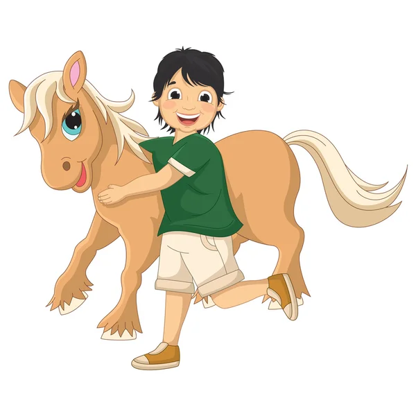 Ilustración vectorial de un niño pequeño abrazando al poni — Archivo Imágenes Vectoriales