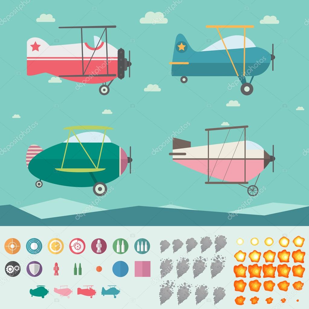 Plane Game Asset (Four Planes, Background, Icons, Smoke and Fire)
