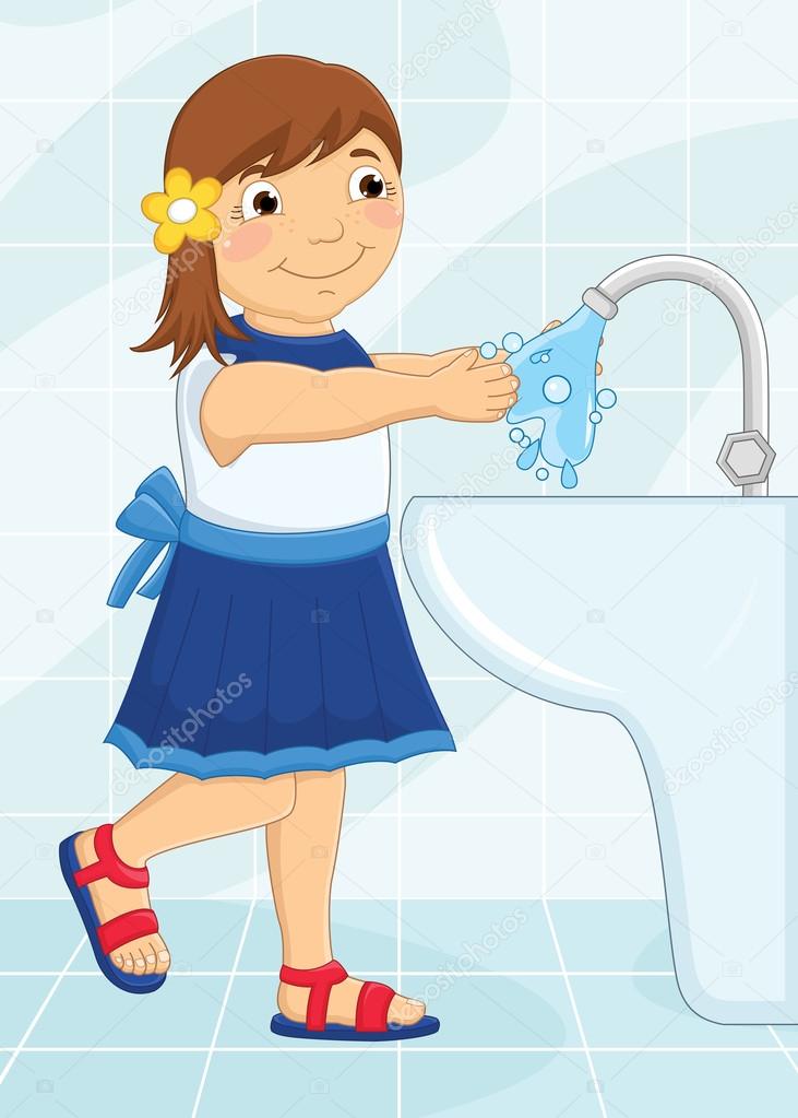 Girl Washing Hands Vector Illustration