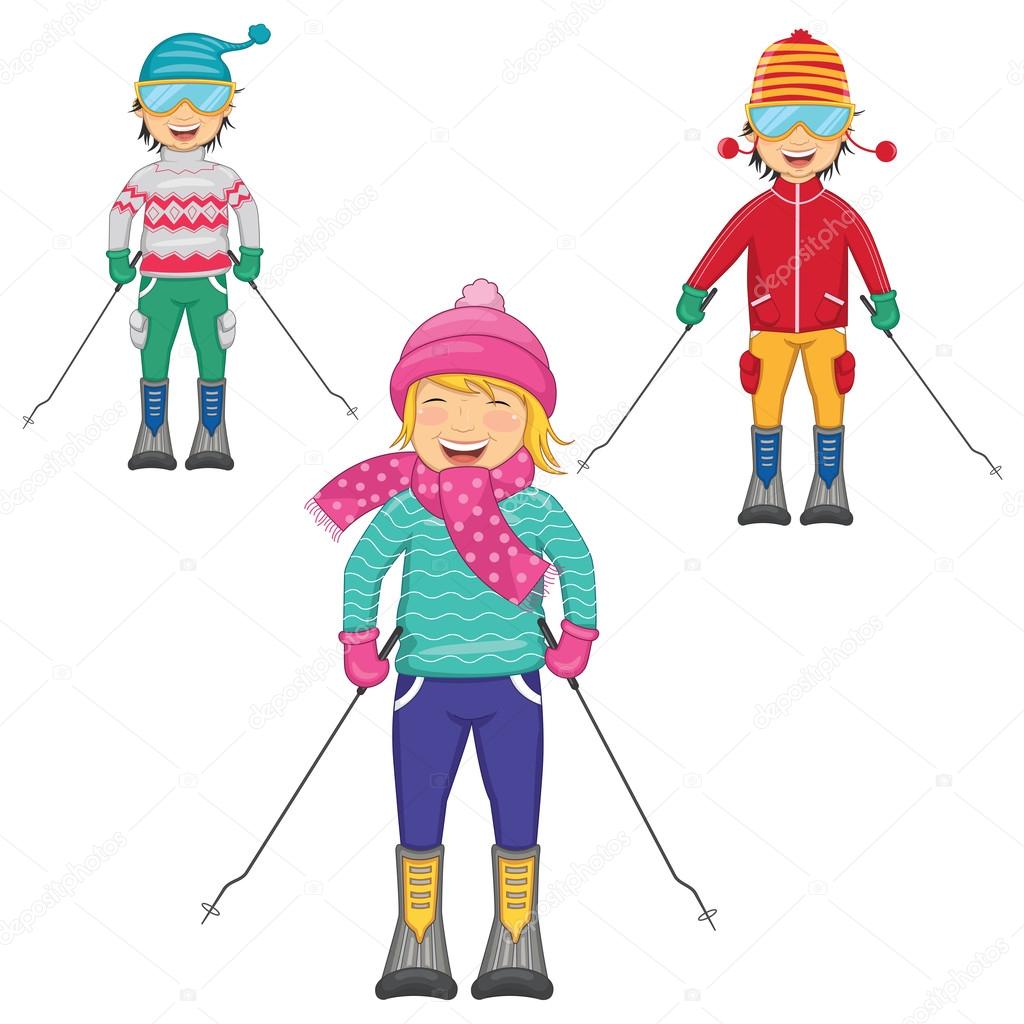 Vector Illustration Of Kids Skiing On Isolated Background