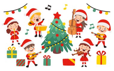 Çocuklar Noel Kostümünde Müzik Çalıyor