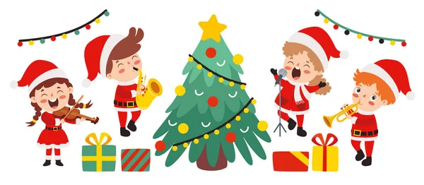 Niños Tocando Música Traje Navidad — Vector de stock