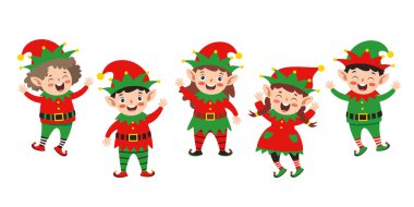 Group Of Cartoon Elfs Celebrating Christmas clipart