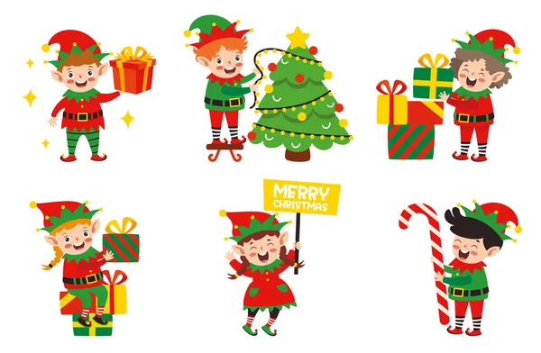 Group Cartoon Elfs Celebrating Christmas — Stock Vector