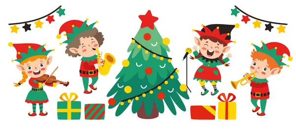 Grupul Elfi Desene Animate Sărbătoresc Crăciunul — Vector de stoc