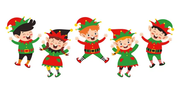 Grupo Elfos Dos Desenhos Animados Celebrando Natal — Vetor de Stock