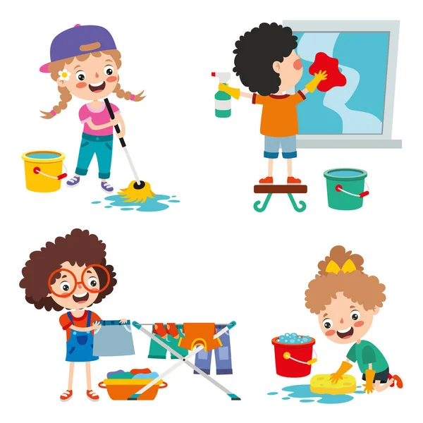 Set Children Doing Various Houseworks — Stock Vector