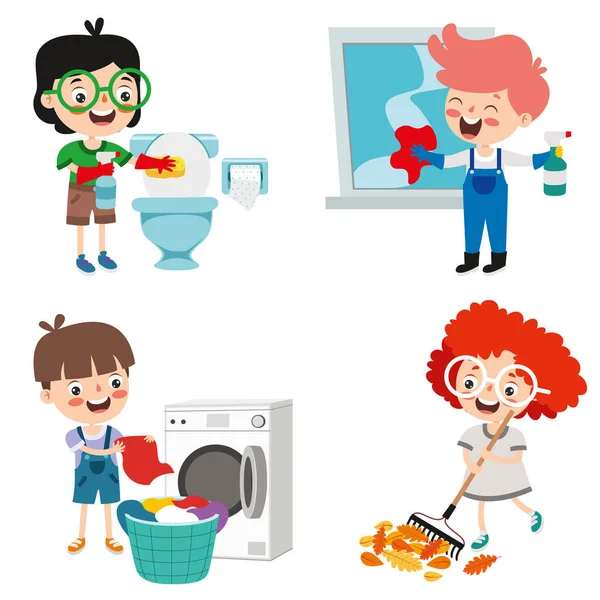 Conjunto Niños Haciendo Varias Tareas Domésticas — Vector de stock