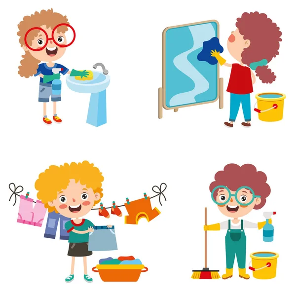 Conjunto Niños Haciendo Varias Tareas Domésticas — Vector de stock