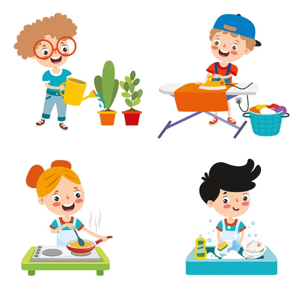 Set Children Doing Various Houseworks — Stock Vector