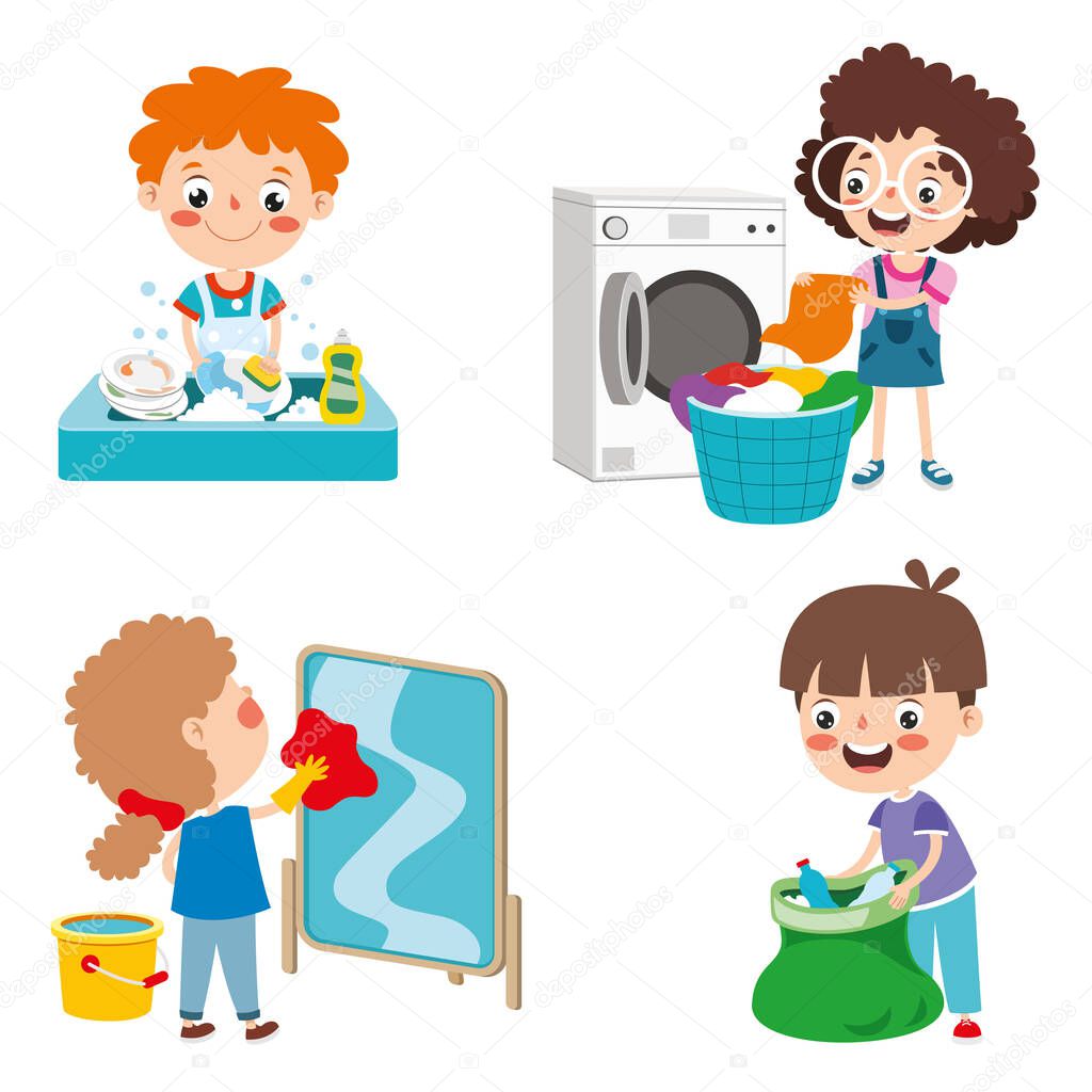 Set Of Children Doing Various Houseworks