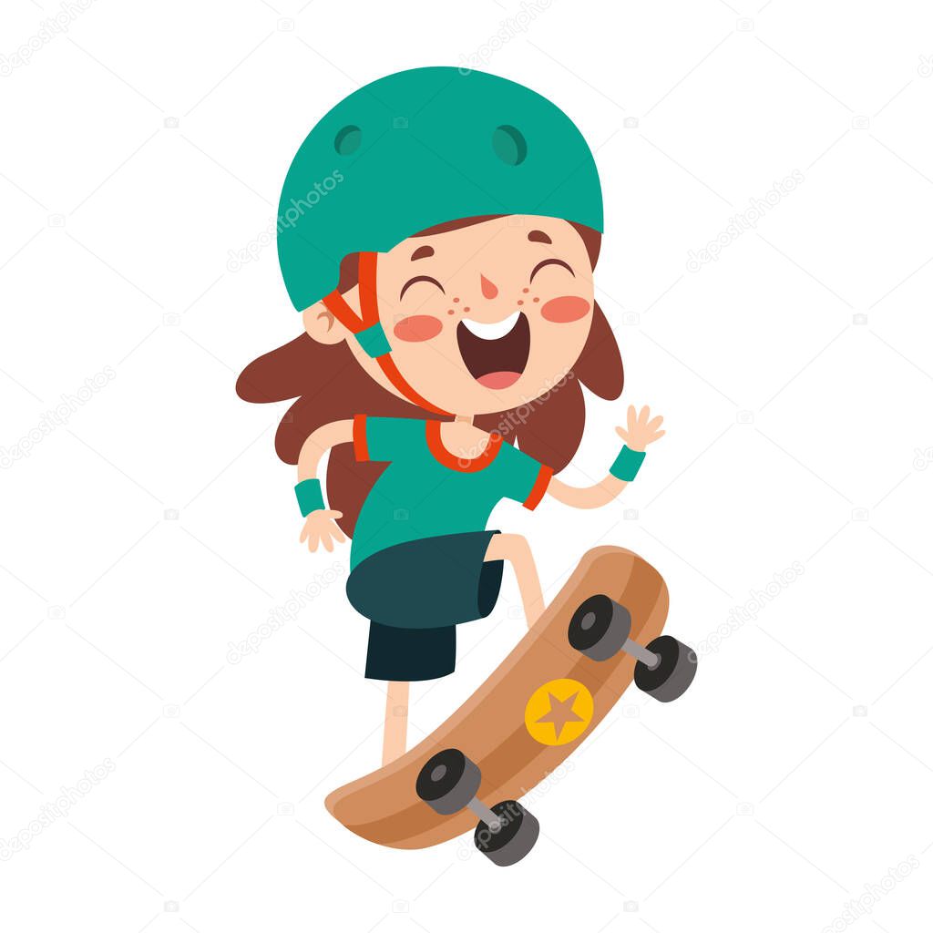 Cartoon Illustration Of A Kid Playing Skateboard